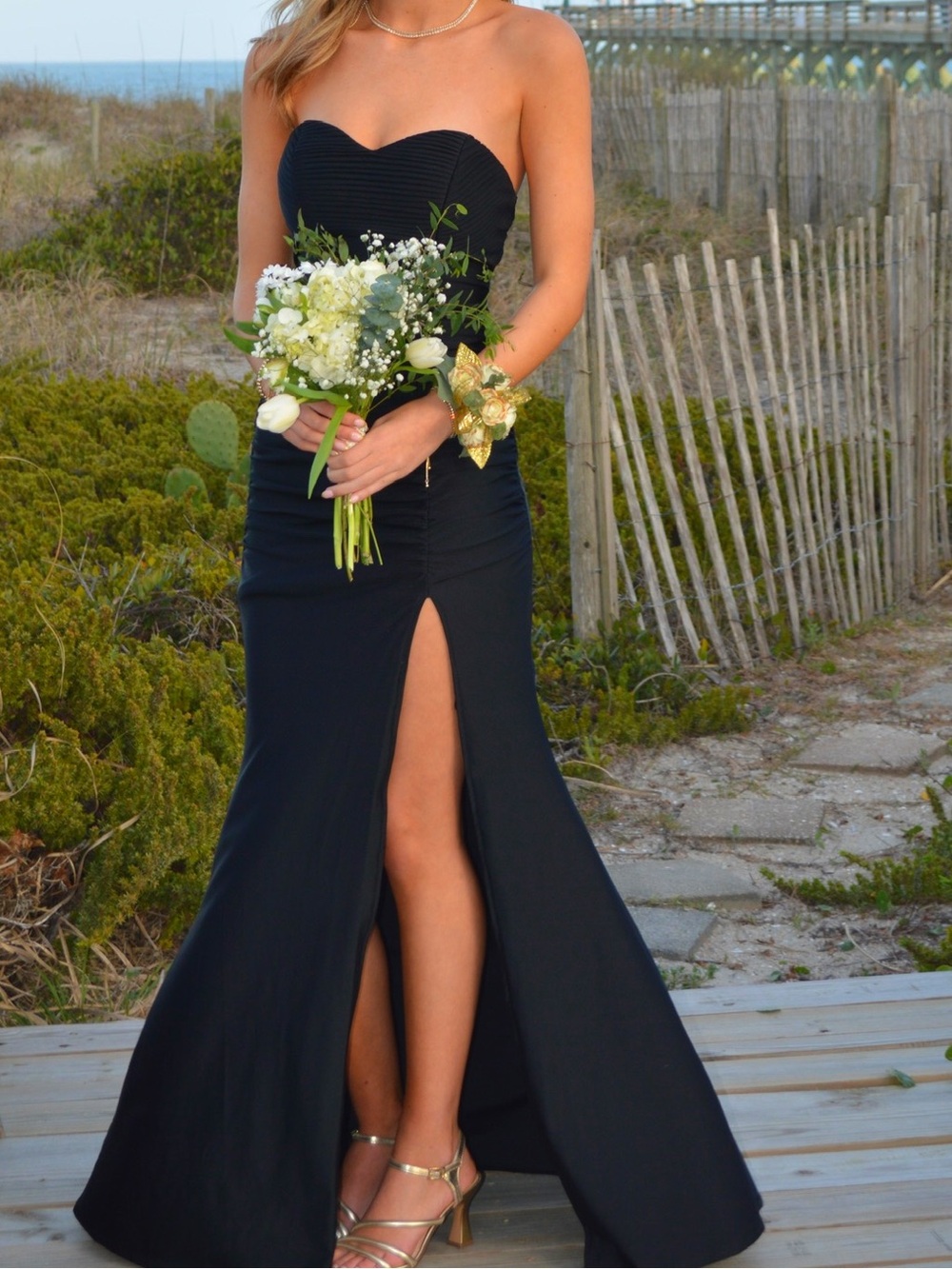 Strapless Black Evening Gown with Front Slit